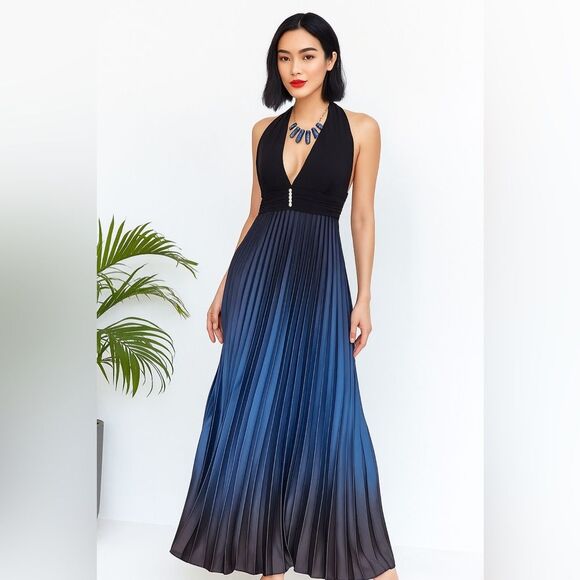 Betsy & Adam Y2K Ombre Pleated Halter Neck Maxi Dress in Black/Blue size 8P - Picture 1 of 13